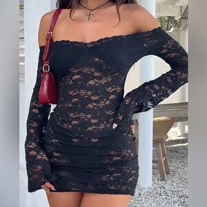 Black Lace Off-Shoulder Dress with Flare Sleeves
